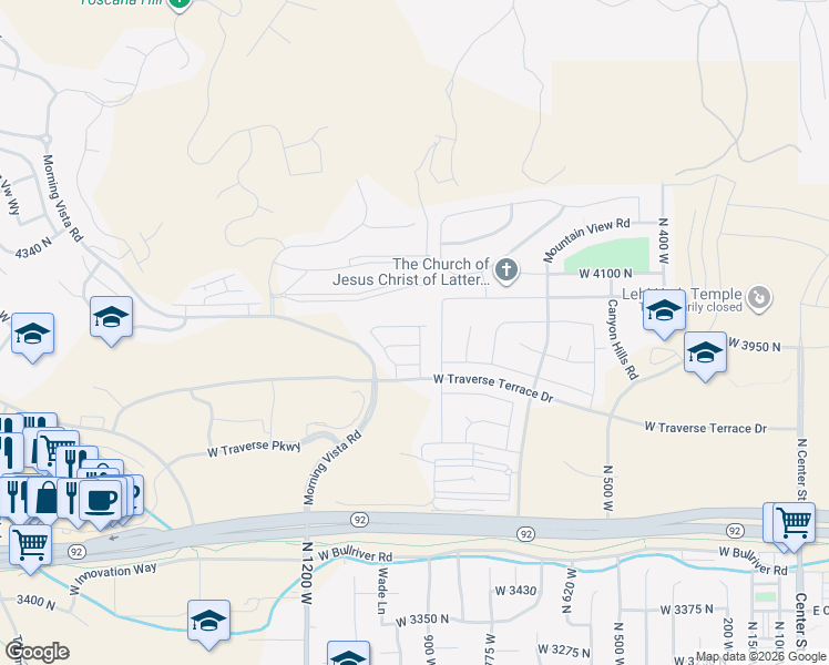 map of restaurants, bars, coffee shops, grocery stores, and more near 4019 North 900 West Street in Lehi