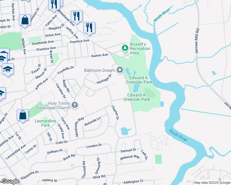 map of restaurants, bars, coffee shops, grocery stores, and more near in South River