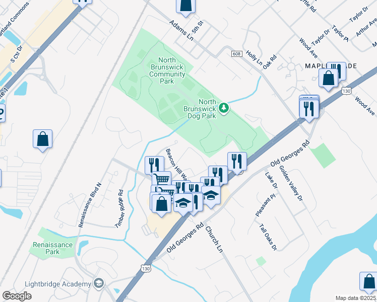 map of restaurants, bars, coffee shops, grocery stores, and more near 1300 Plymouth Road in North Brunswick Township