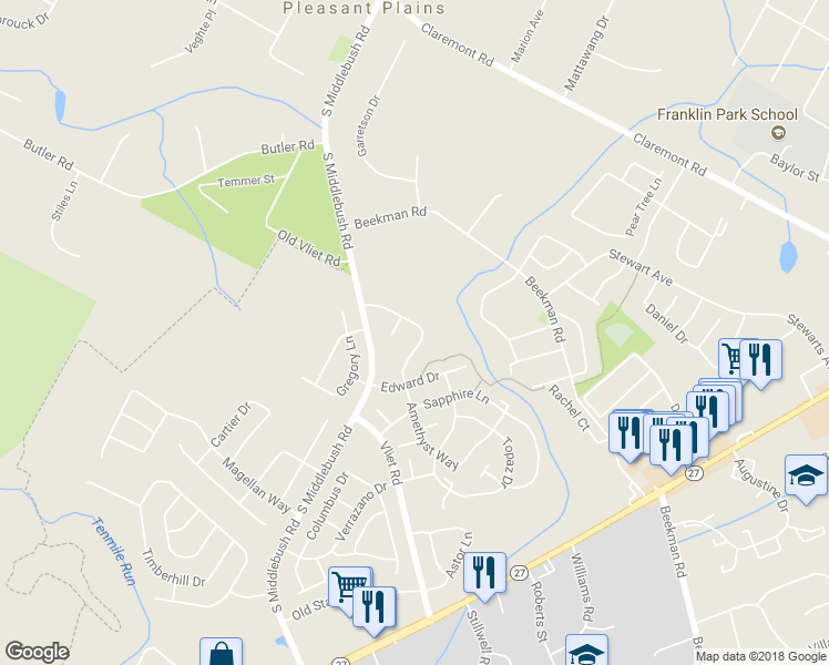 map of restaurants, bars, coffee shops, grocery stores, and more near 48 Amethyst Way in Franklin Park