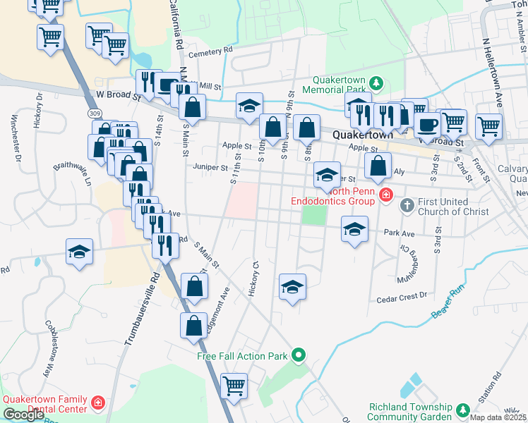 map of restaurants, bars, coffee shops, grocery stores, and more near 137 South 10th Street in Quakertown