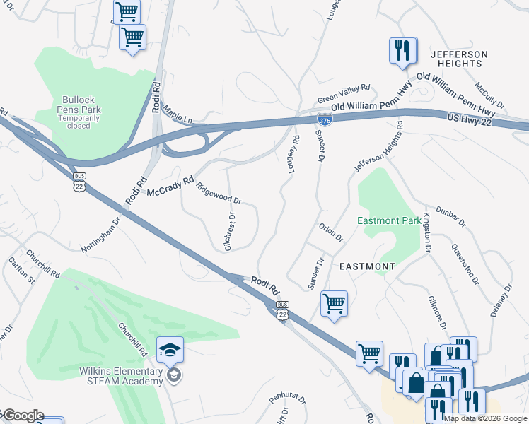 map of restaurants, bars, coffee shops, grocery stores, and more near 3556 Ridgewood Drive in Pittsburgh