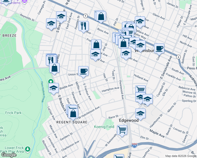 map of restaurants, bars, coffee shops, grocery stores, and more near 446 Biddle Avenue in Pittsburgh