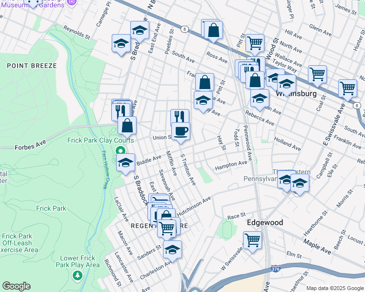 map of restaurants, bars, coffee shops, grocery stores, and more near 415 Biddle Avenue in Pittsburgh