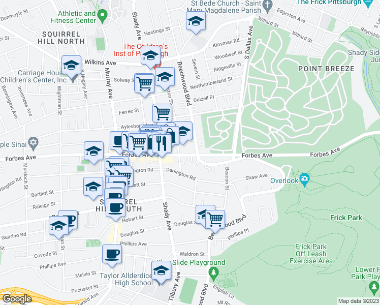 map of restaurants, bars, coffee shops, grocery stores, and more near 6401 Forbes Avenue in Pittsburgh