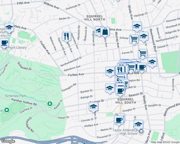map of restaurants, bars, coffee shops, grocery stores, and more near 5545 Forbes Avenue in Pittsburgh