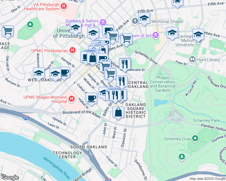 map of restaurants, bars, coffee shops, grocery stores, and more near 356 Atwood Street in Pittsburgh