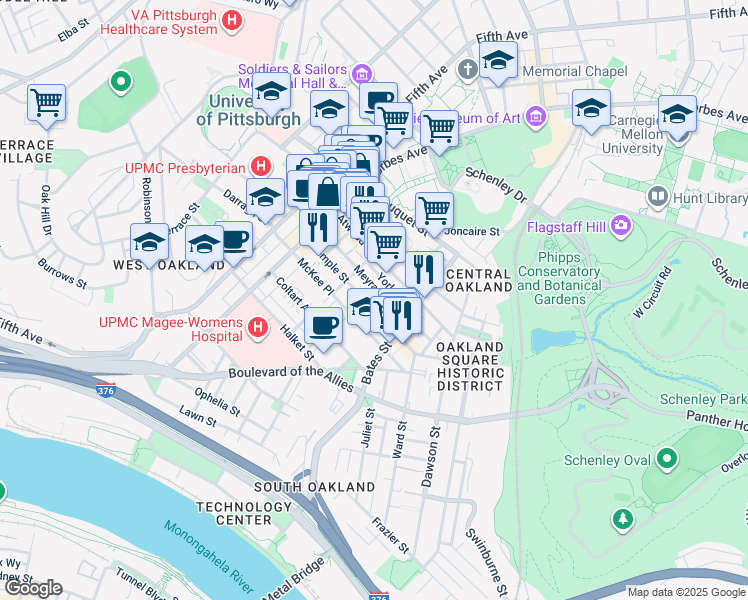 map of restaurants, bars, coffee shops, grocery stores, and more near in Pittsburgh