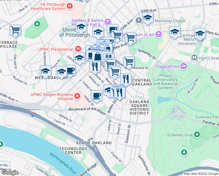 map of restaurants, bars, coffee shops, grocery stores, and more near in Pittsburgh