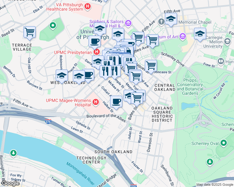 map of restaurants, bars, coffee shops, grocery stores, and more near 299 McKee Place in Pittsburgh