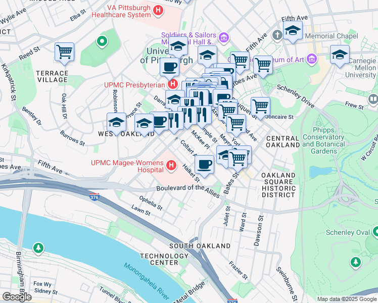 map of restaurants, bars, coffee shops, grocery stores, and more near 211 Coltart Avenue in Pittsburgh