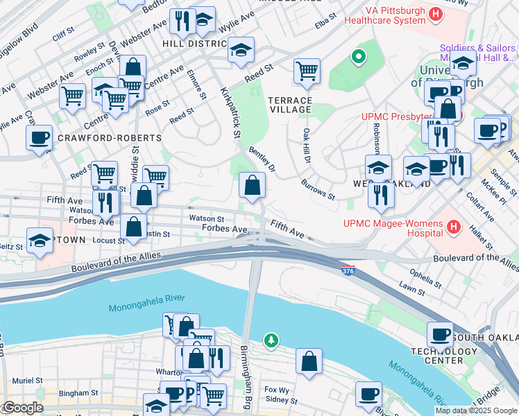 map of restaurants, bars, coffee shops, grocery stores, and more near 11 Kirkpatrick Street in Pittsburgh