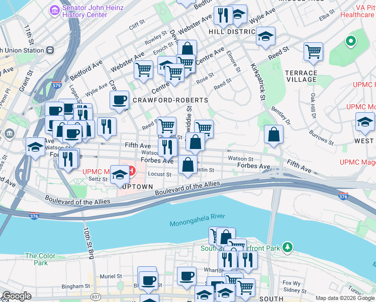 map of restaurants, bars, coffee shops, grocery stores, and more near 1821 Fifth Avenue in Pittsburgh