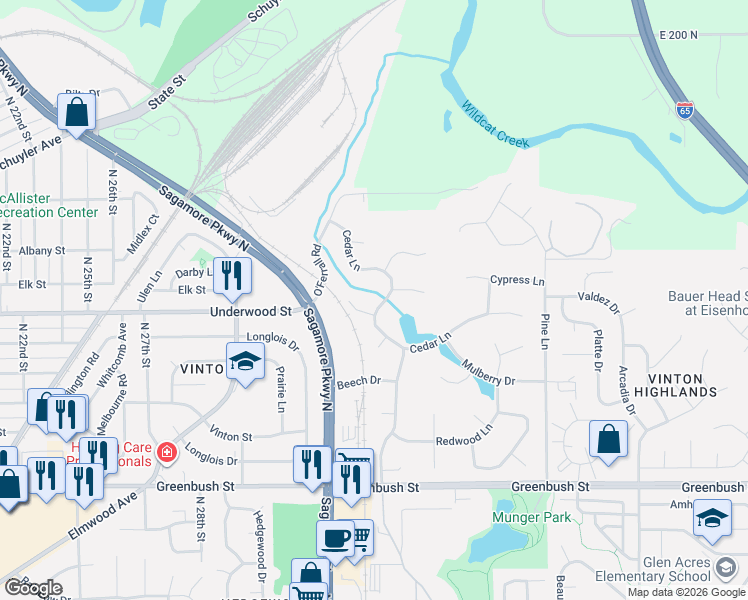 map of restaurants, bars, coffee shops, grocery stores, and more near 3219 Cedar Lane in Lafayette