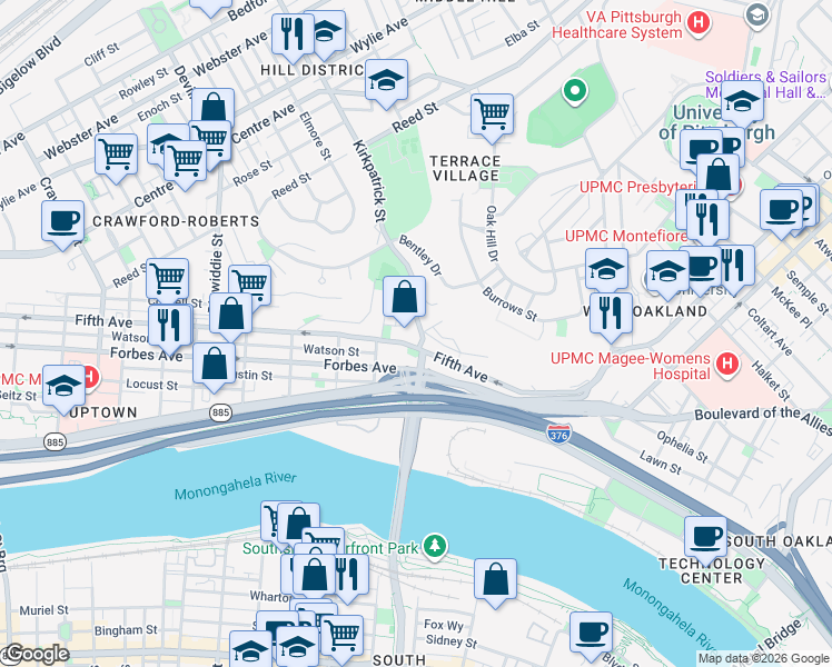 map of restaurants, bars, coffee shops, grocery stores, and more near 11 Kirkpatrick Street in Pittsburgh