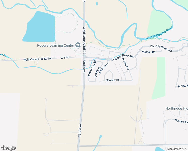 map of restaurants, bars, coffee shops, grocery stores, and more near 425 Deville Drive in Greeley