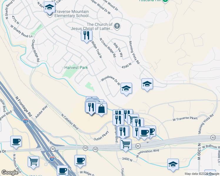 map of restaurants, bars, coffee shops, grocery stores, and more near 4128 Heatherfield Lane North in Lehi
