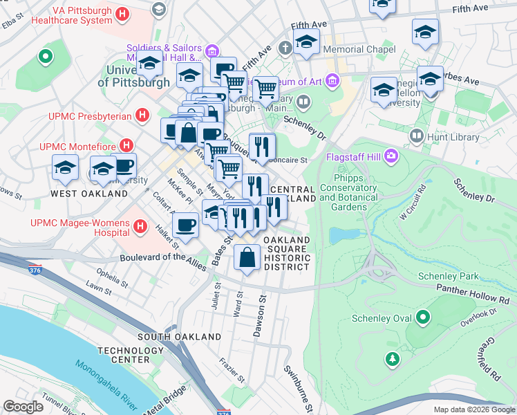 map of restaurants, bars, coffee shops, grocery stores, and more near 405 Oakland Avenue in Pittsburgh