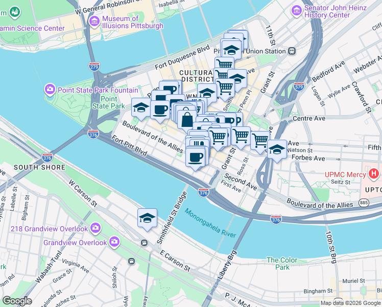 map of restaurants, bars, coffee shops, grocery stores, and more near 201 Wood Street in Pittsburgh