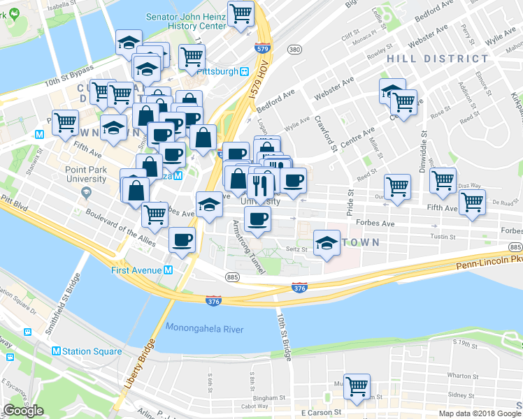 map of restaurants, bars, coffee shops, grocery stores, and more near 1015 Forbes Avenue in Pittsburgh