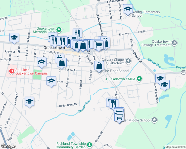 map of restaurants, bars, coffee shops, grocery stores, and more near 125 South 2nd Street in Quakertown