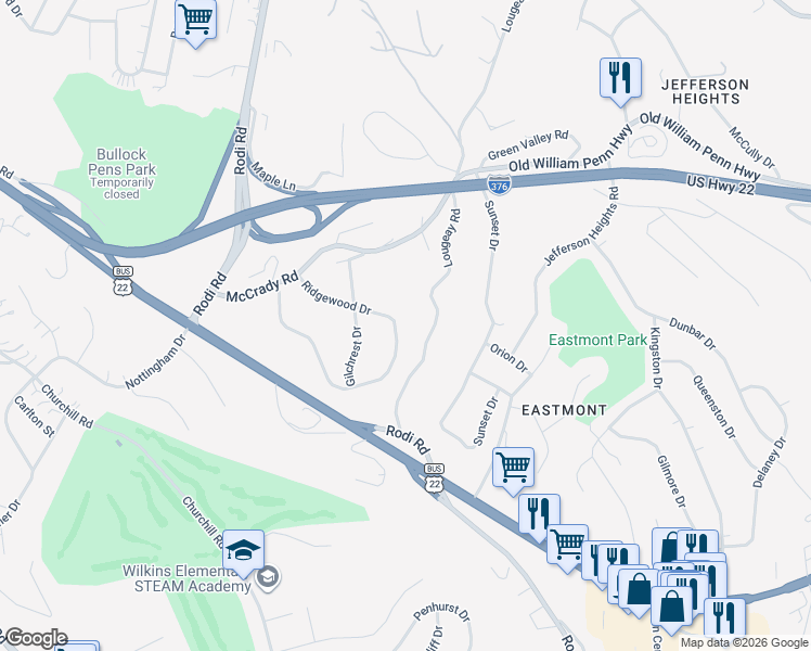map of restaurants, bars, coffee shops, grocery stores, and more near 3556 Ridgewood Drive in Pittsburgh