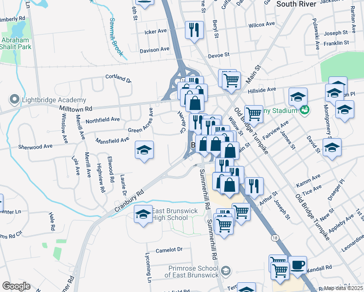 map of restaurants, bars, coffee shops, grocery stores, and more near 363 Cranbury Road in East Brunswick