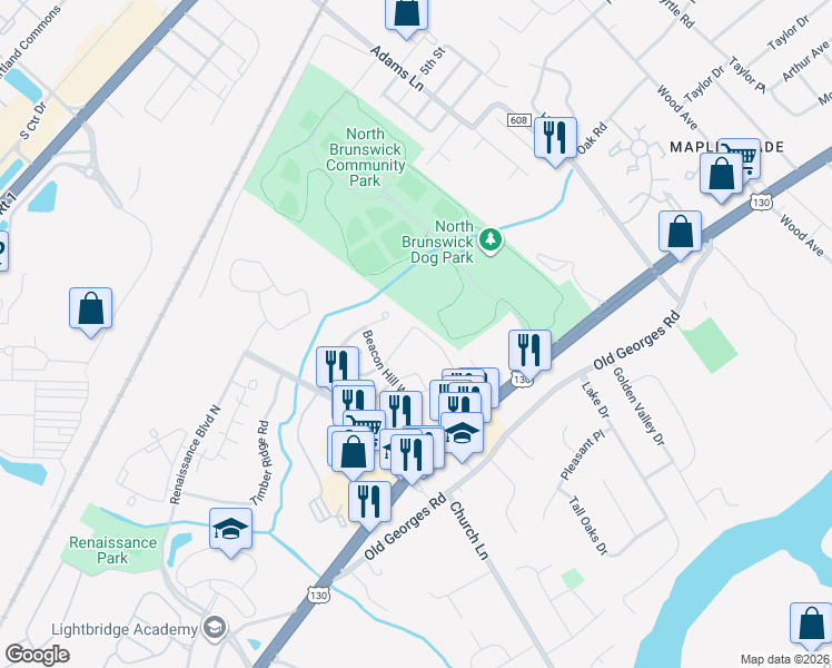 map of restaurants, bars, coffee shops, grocery stores, and more near 1300 Plymouth Road in North Brunswick Township