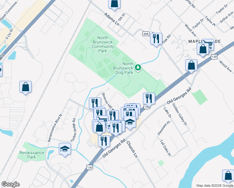 map of restaurants, bars, coffee shops, grocery stores, and more near 1300 Plymouth Road in North Brunswick Township