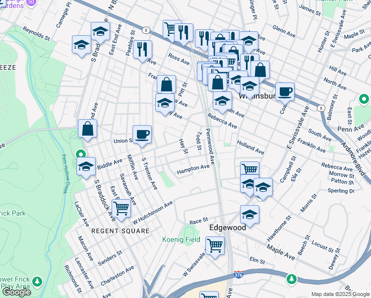 map of restaurants, bars, coffee shops, grocery stores, and more near 600 Lamar Avenue in Pittsburgh