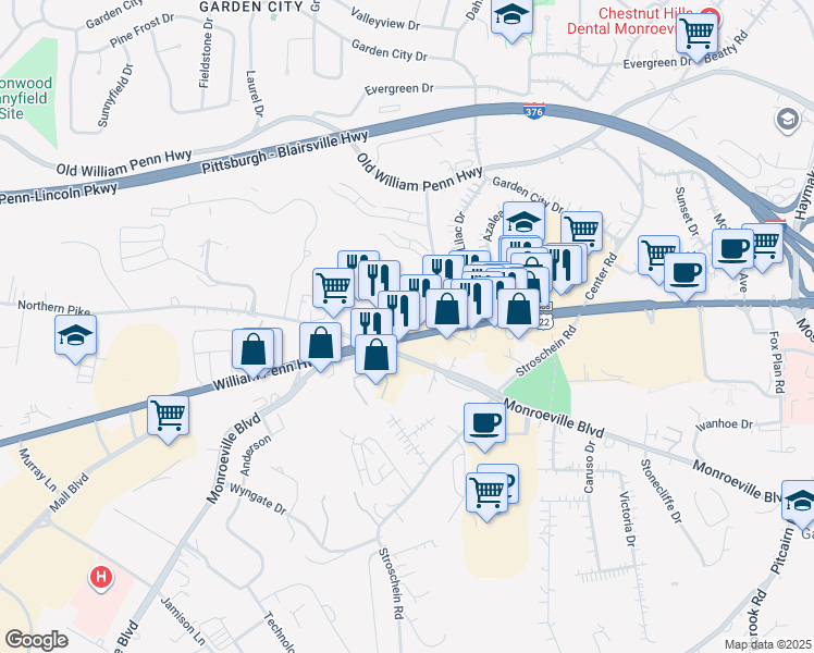 map of restaurants, bars, coffee shops, grocery stores, and more near 3939 U.S. 22 Business in Monroeville