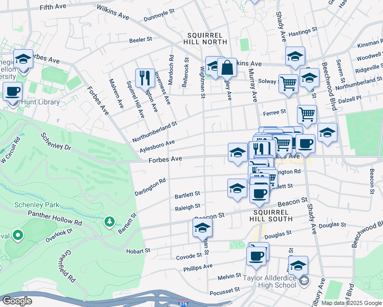 map of restaurants, bars, coffee shops, grocery stores, and more near 5545 Forbes Avenue in Pittsburgh