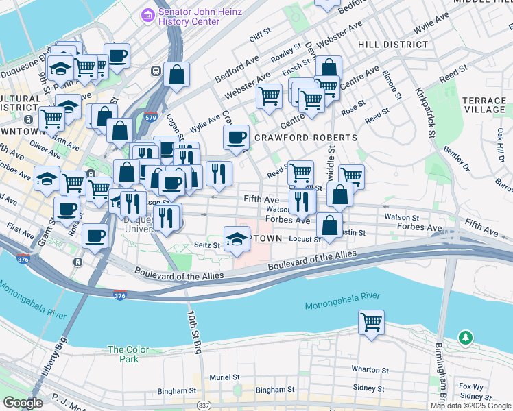 map of restaurants, bars, coffee shops, grocery stores, and more near 1410 Fifth Avenue in Pittsburgh