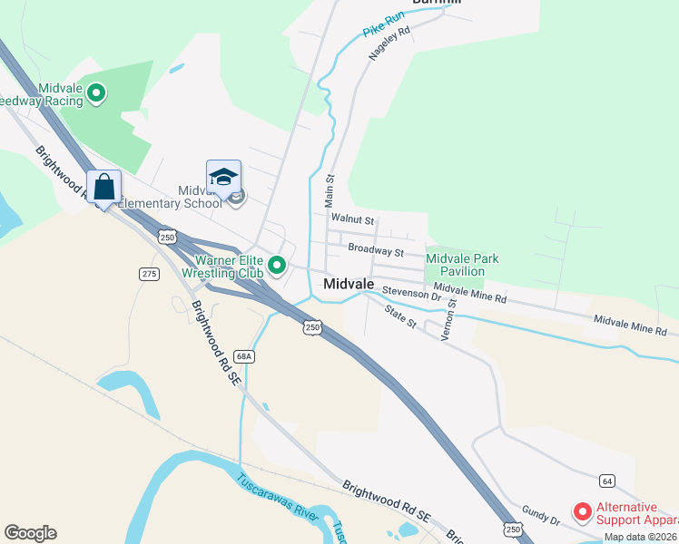 map of restaurants, bars, coffee shops, grocery stores, and more near 4597 State Street in New Philadelphia