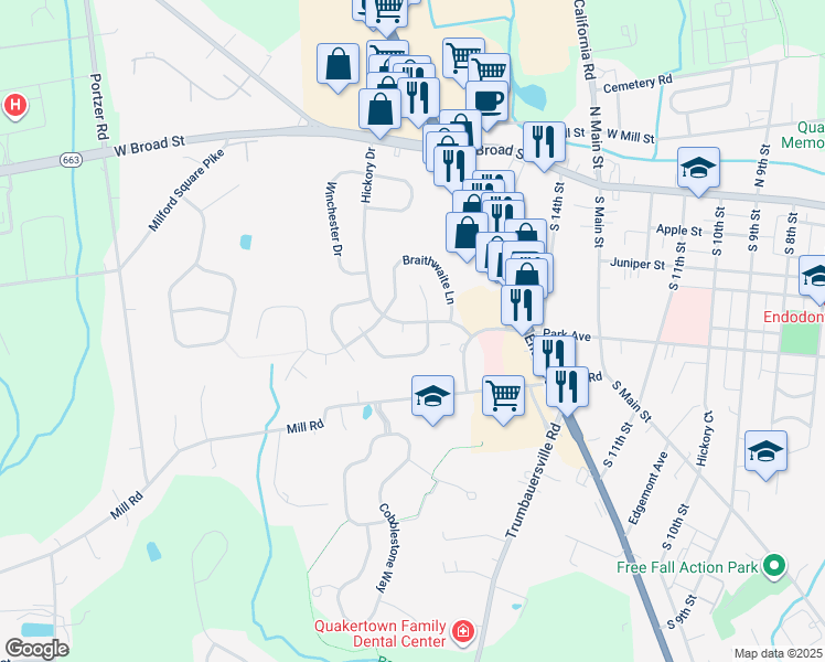 map of restaurants, bars, coffee shops, grocery stores, and more near 3 Whittier Court in Quakertown