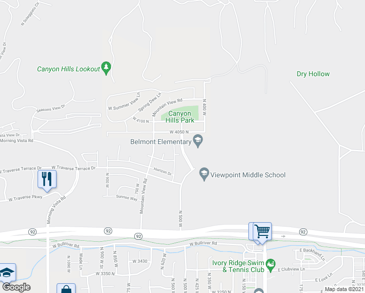 map of restaurants, bars, coffee shops, grocery stores, and more near Canyon Hills Road in Lehi