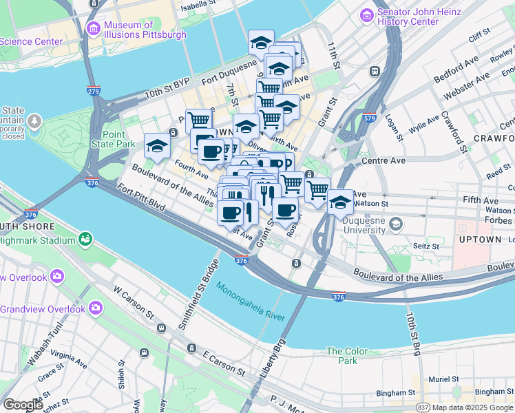 map of restaurants, bars, coffee shops, grocery stores, and more near 301 Grant Street in Pittsburgh