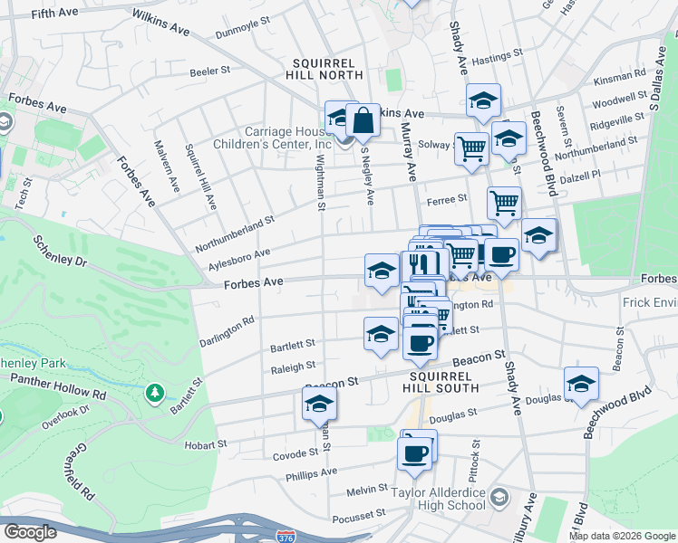 map of restaurants, bars, coffee shops, grocery stores, and more near 5617 Forbes Avenue in Pittsburgh