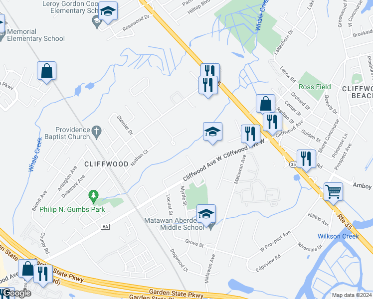 map of restaurants, bars, coffee shops, grocery stores, and more near 186 Van Cleaf Lane in Aberdeen Township