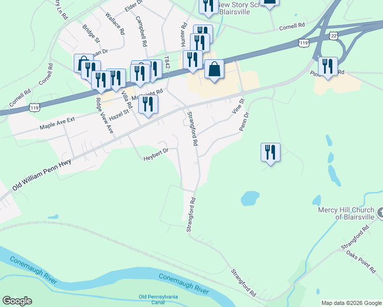 map of restaurants, bars, coffee shops, grocery stores, and more near 128 Strangford Road in Blairsville