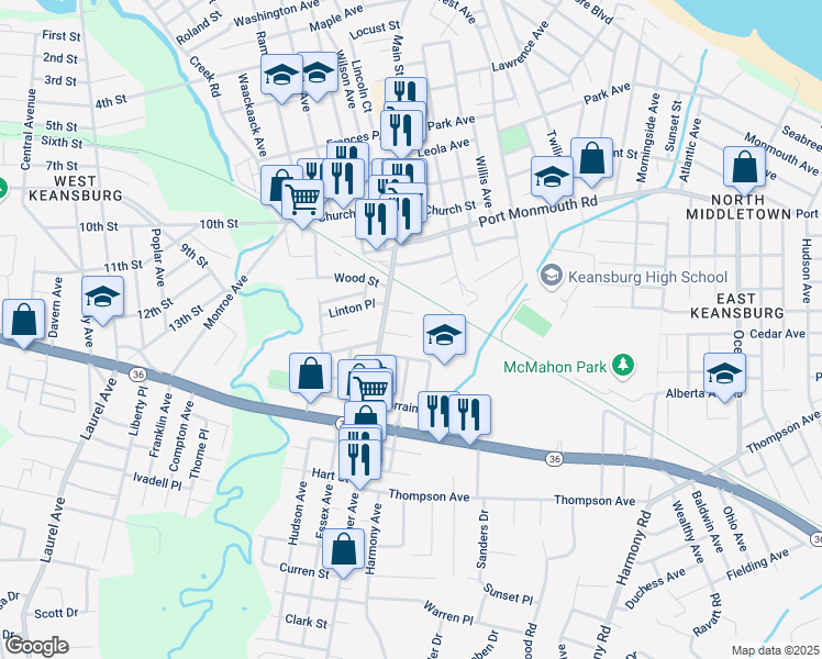 map of restaurants, bars, coffee shops, grocery stores, and more near 12 Mason Place in Keansburg