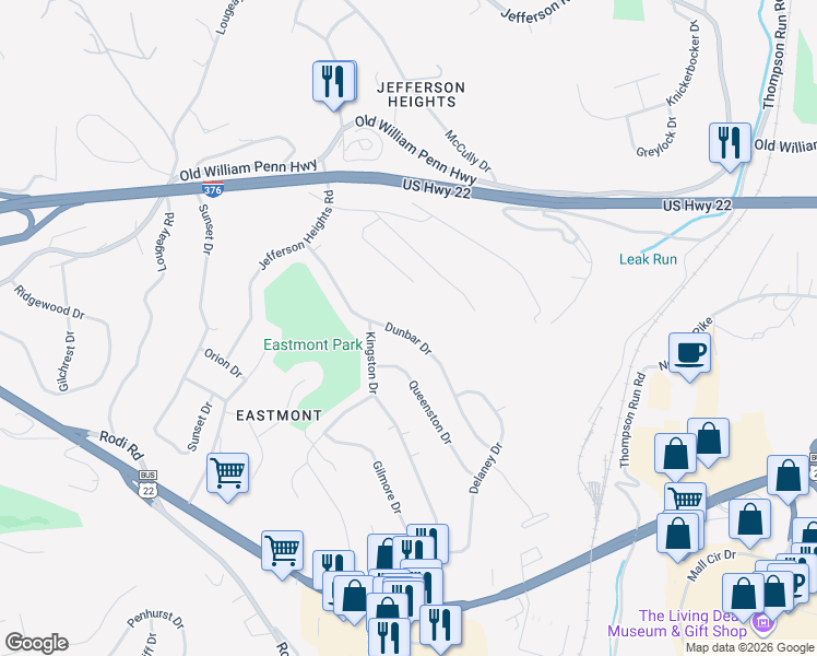 map of restaurants, bars, coffee shops, grocery stores, and more near 318 Dunbar Drive in Pittsburgh