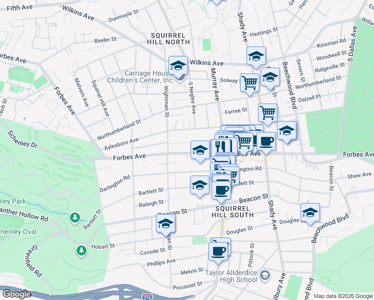 map of restaurants, bars, coffee shops, grocery stores, and more near 5640 Marlborough Avenue in Pittsburgh