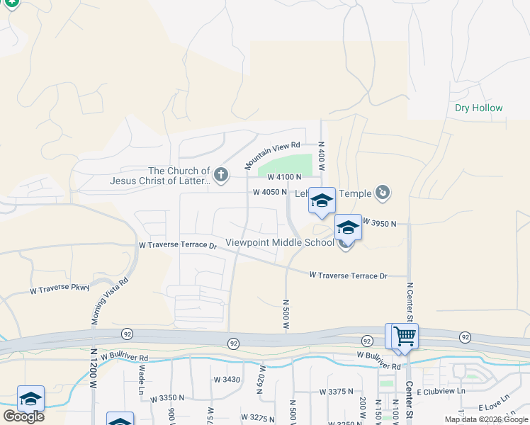 map of restaurants, bars, coffee shops, grocery stores, and more near 566 West Summit View Way in Lehi