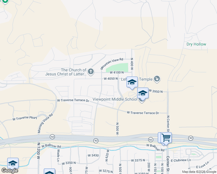 map of restaurants, bars, coffee shops, grocery stores, and more near 566 West Summit View Way in Lehi