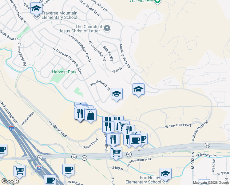map of restaurants, bars, coffee shops, grocery stores, and more near 1858 Woodview Drive West in Lehi