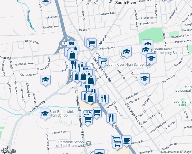 map of restaurants, bars, coffee shops, grocery stores, and more near 197 Willow Street in East Brunswick
