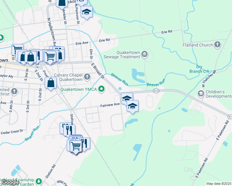 map of restaurants, bars, coffee shops, grocery stores, and more near 630 East Broad Street in Quakertown