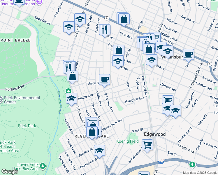map of restaurants, bars, coffee shops, grocery stores, and more near 415 Biddle Avenue in Pittsburgh