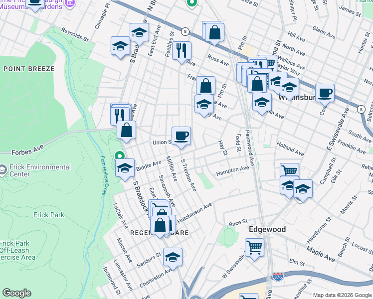 map of restaurants, bars, coffee shops, grocery stores, and more near 412 Union Street in Pittsburgh